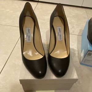Jimmy Choo size 39.5 (US 9) almond toe black leather heels, pristine, never worn